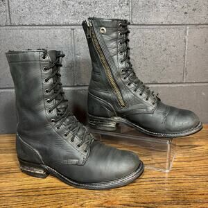 Vintage Black Leather Lace Up Motorcycle Boots Side Zip Vibram Sole Mens 10.5